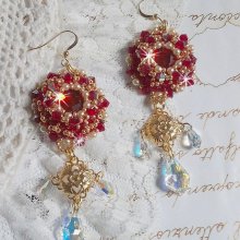 BO Ruby embroidered with Sawarovski crystals, pearly beads, filigree stamps and 14 karat Gold Filled ear hooks